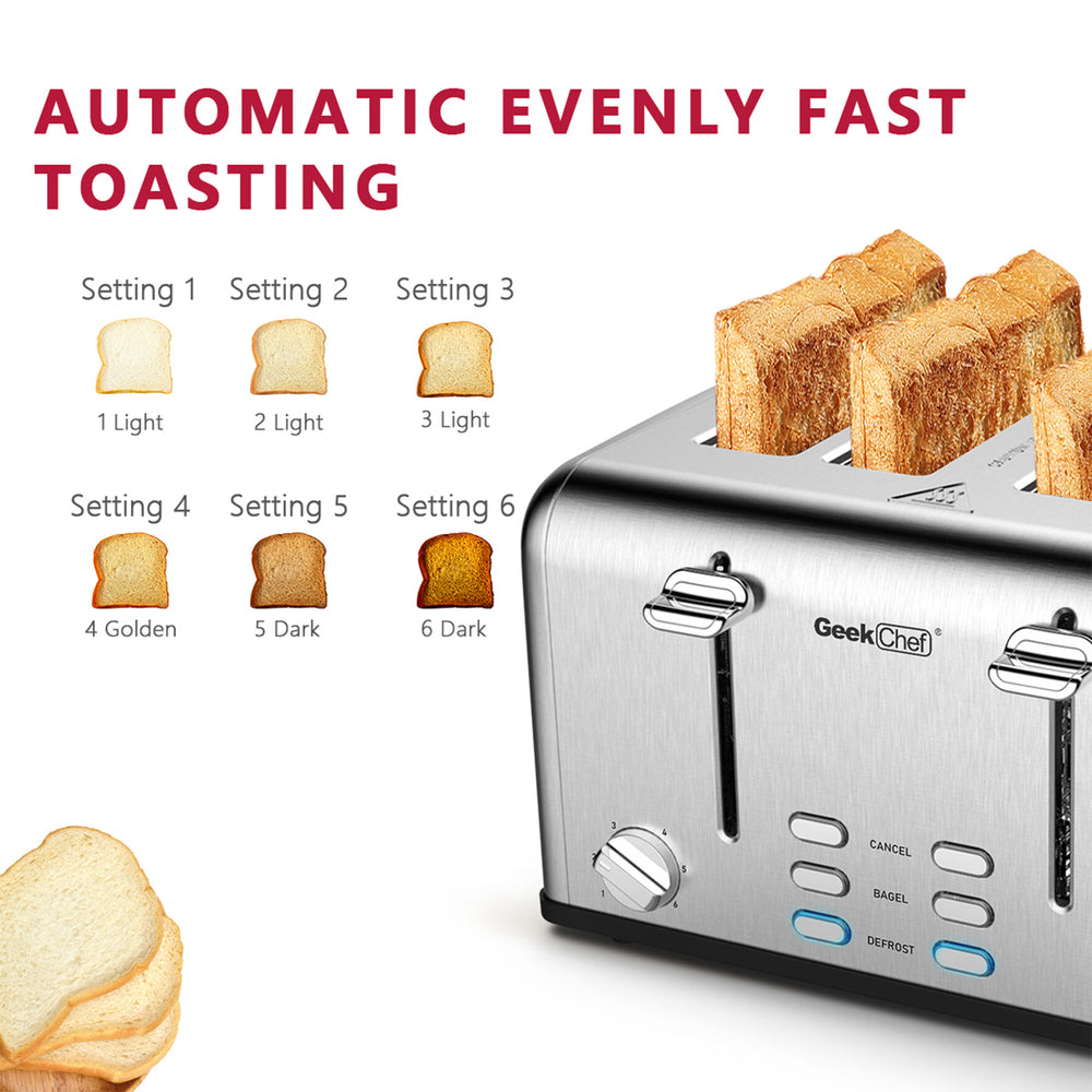 Toaster 4 Slice, Geek Chef Stainless Steel Extra-Wide Slot Toaster with Dual Control Panels of Bagel/Defrost/Cancel Function, 6 Toasting Bread Shade Settings, Removable Crumb Trays Ban on Amazon