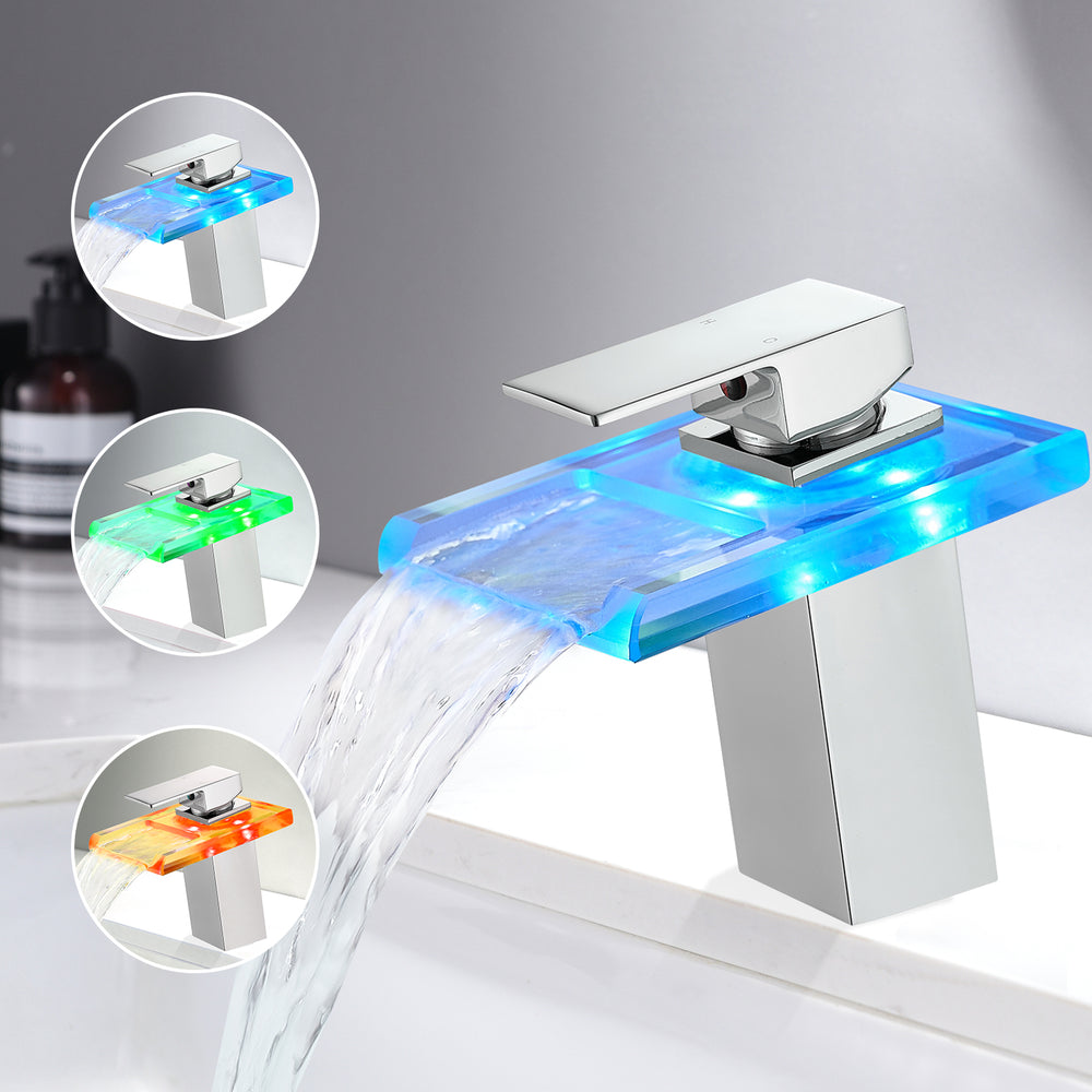 Bathroom Sink Faucet LED Light 3 Colors Changing Waterfall Glass Spout Hot Cold Water Mixer Single Handle One Hole Deck Mounted Bathroom Faucet Black Lavatory Vanity Basin Bath Plumbing Fixtures