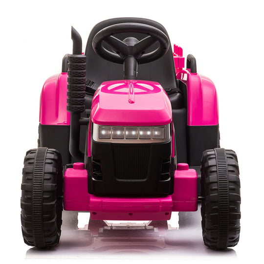 12V Kids Ride On Tractor with Trailer, Battery Powered Electric Car w/ Music, USB, Music, LED Lights, Vehicle Toy for 3 to 6 Ages, Rosy