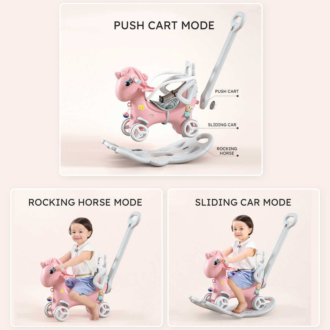 Rocking Horse for Toddlers, Balance Bike Ride On Toys with Push Handle, Backrest and Balance Board for Baby Girl and Boy, Unicorn Kids  Pink Color