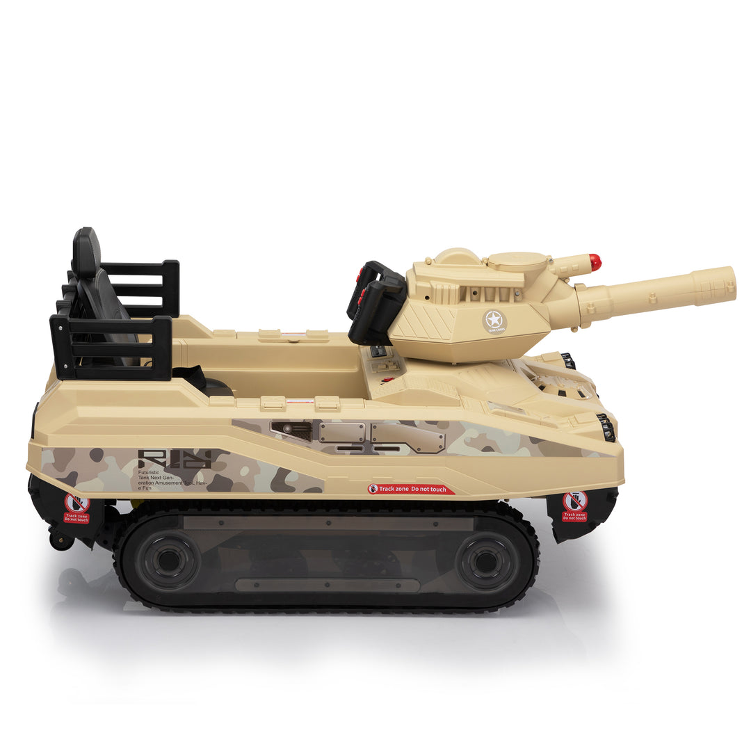 Ride On Tank 24V Thunder Tank Car with Fighting Cannon and Rotating Turret, Remote Control, Lights, Music, Military Battery Powered Truck Toy Gift for Boys Girls, 3-8 Years Old, Desert Yellow