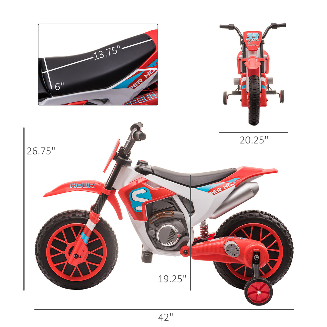 12V Kids Motorcycle Dirt Bike Electric Battery-Powered Ride-On Toy Off-road Street Bike with Charging Battery, Training Wheels Red